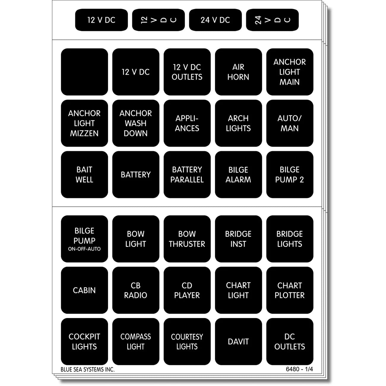 Blue Sea Systems Waterproof DC Label Kit, For WeatherDeck Waterproof Panels, Black Square Labels — Quality Boat Parts