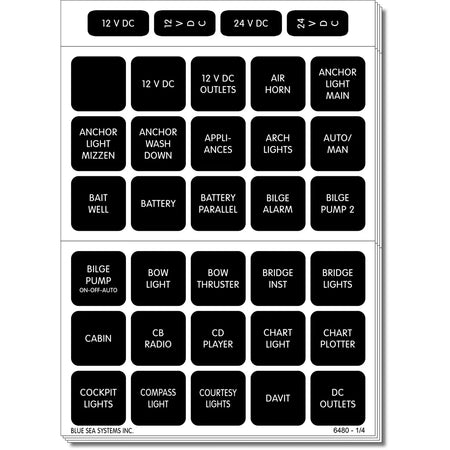 Blue Sea Systems Waterproof DC Label Kit, For WeatherDeck Waterproof Panels, Black Square Labels — Quality Boat Parts