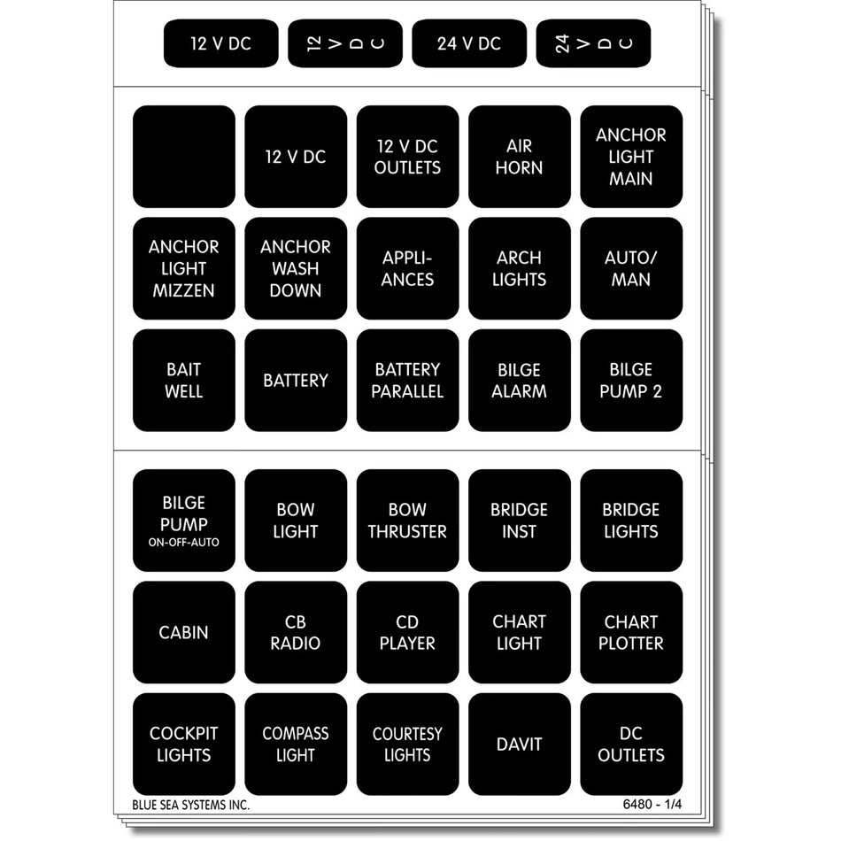 Blue Sea Systems Waterproof DC Label Kit, For WeatherDeck Waterproof Panels, Black Square Labels — Quality Boat Parts