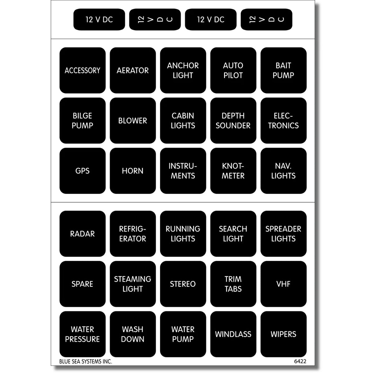 Blue Sea Systems Waterproof DC Label Kit, For WeatherDeck Waterproof Panels, Black Square Labels — Quality Boat Parts