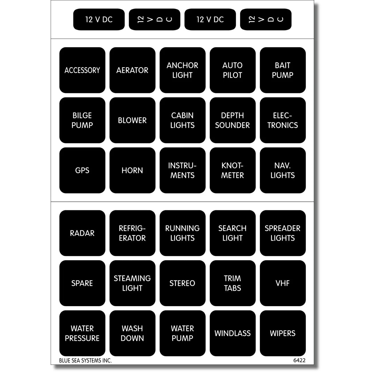 Blue Sea Systems Waterproof DC Label Kit, For WeatherDeck Waterproof Panels, Black Square Labels — Quality Boat Parts