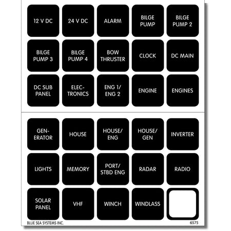 Blue Sea Systems Waterproof DC Label Kit, For WeatherDeck Waterproof Panels, Black Square Labels — Quality Boat Parts