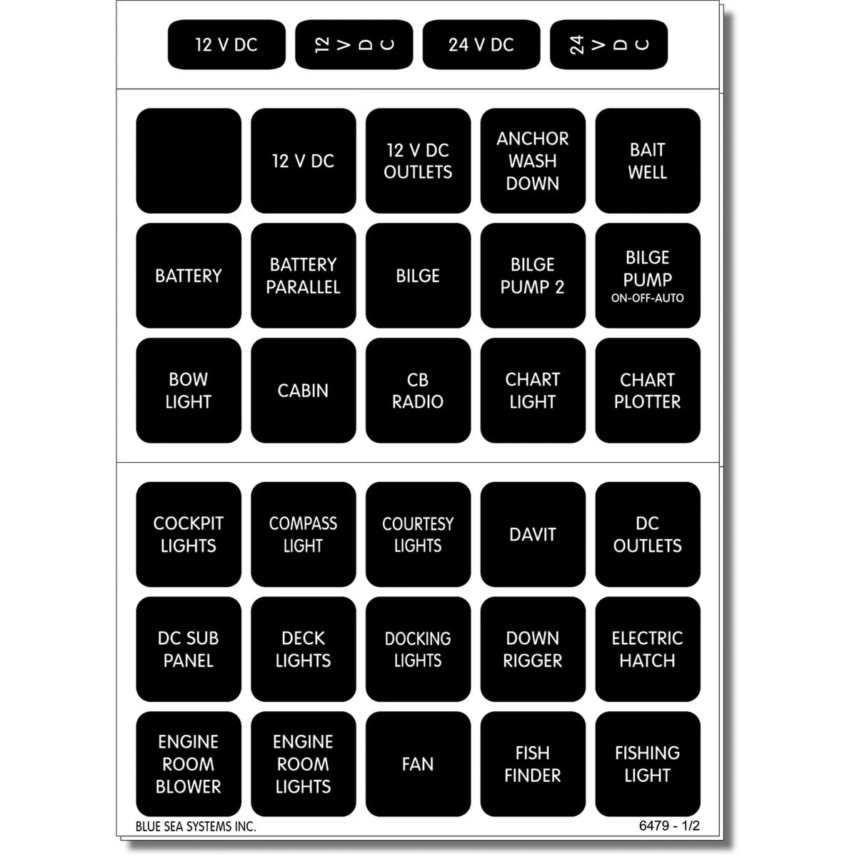 Blue Sea Systems Waterproof DC Label Kit, For WeatherDeck Waterproof Panels, Black Square Labels — Quality Boat Parts