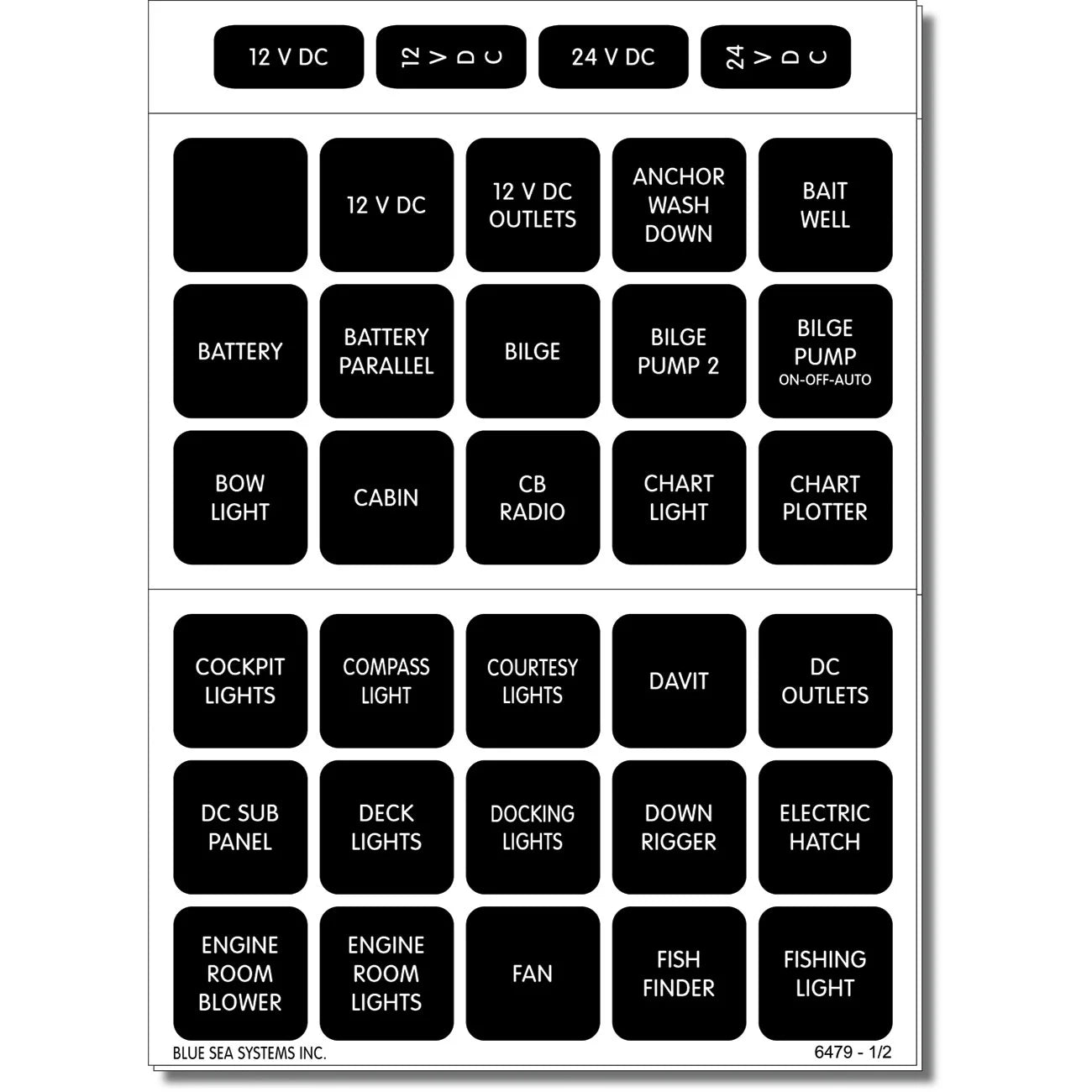 Blue Sea Systems Waterproof DC Label Kit, For WeatherDeck Waterproof Panels, Black Square Labels — Quality Boat Parts