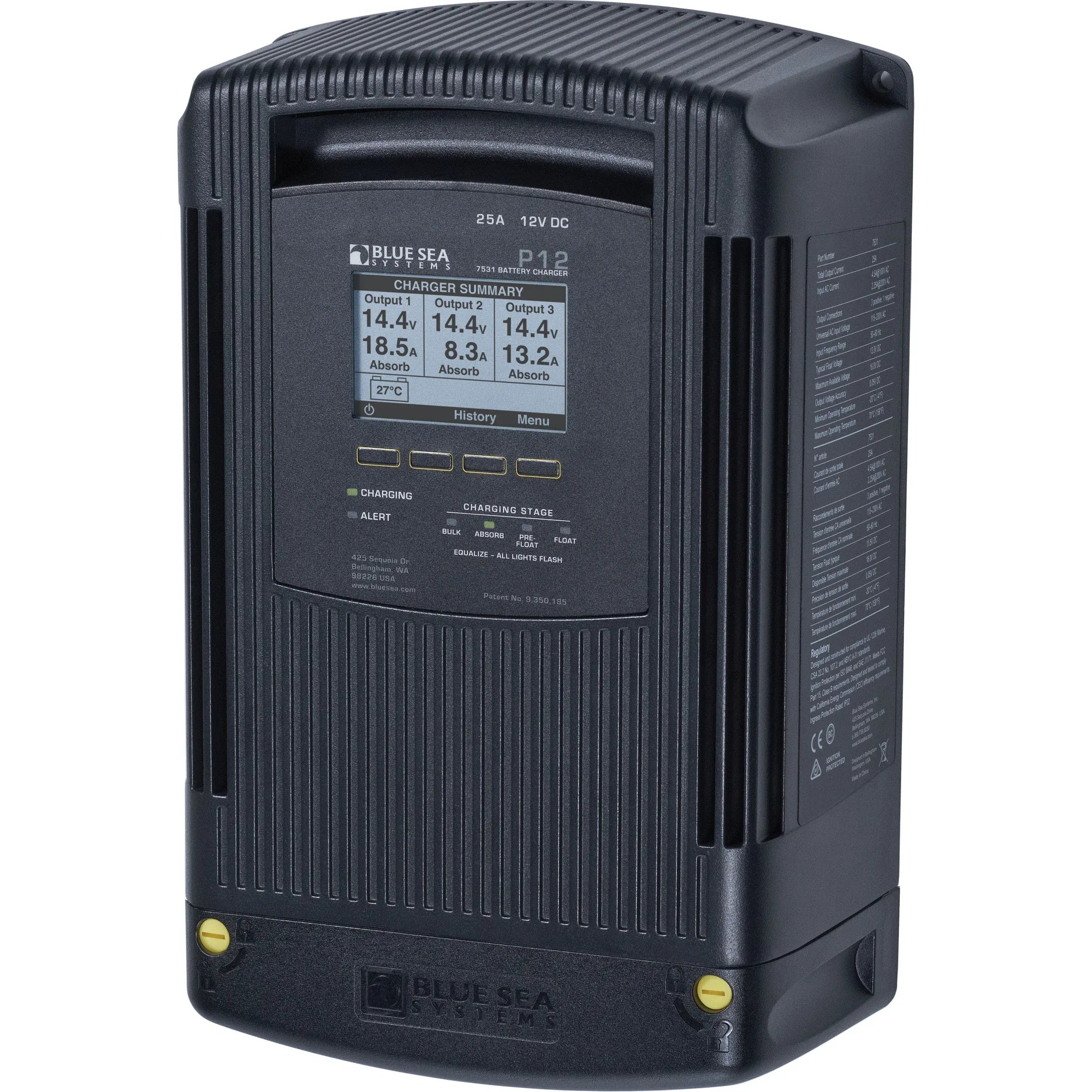 Blue Sea Systems P12 Battery Charger, 12V DC, 3 Outputs, 115-230V AC — Quality Boat Parts