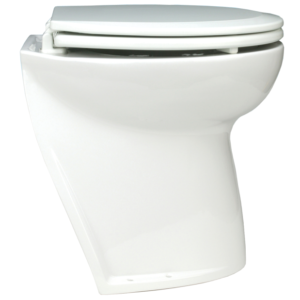Jabsco Deluxe Flush Raw Water Electric Marine Toilet, 17 in, Soft Close Lid, Remote Rinse Pump — Quality Boat Parts