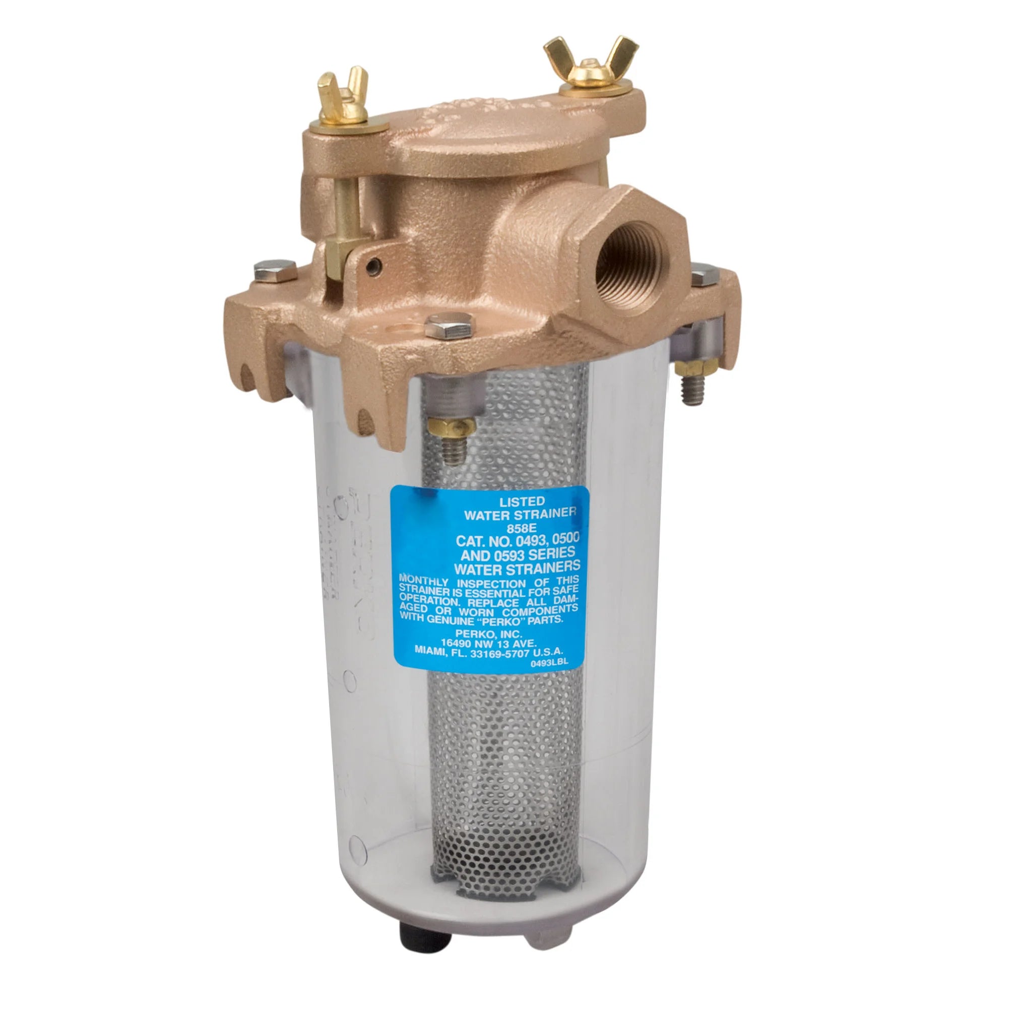 Perko 0443 Lightweight Intake Water Strainer, Cast Bronze, Clear Polymer Body, SS316 Basket — Quality Boat Parts