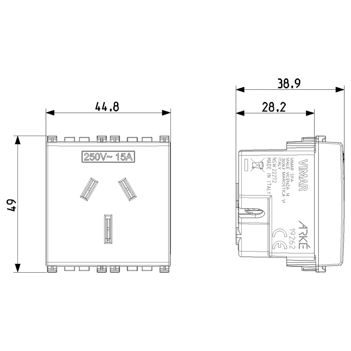 Vimar ARKÉ Series Australian SICURY Socket Outlet, 2P+E, 15A 250V, 2 Modules — Quality Boat Parts